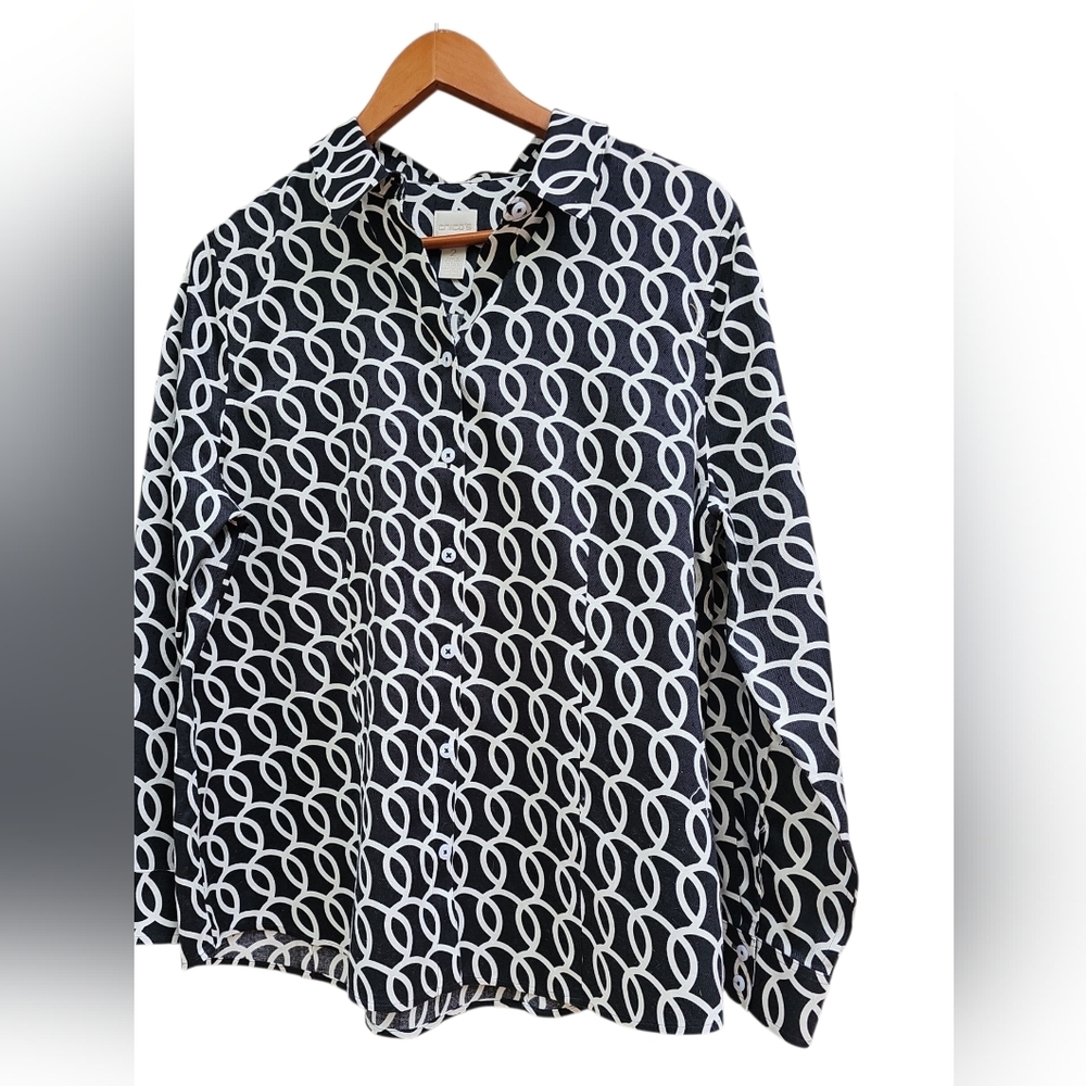 Chico"s Black and White Loop Pattern No-iron Button-Up Shirt Size 2 (L)
